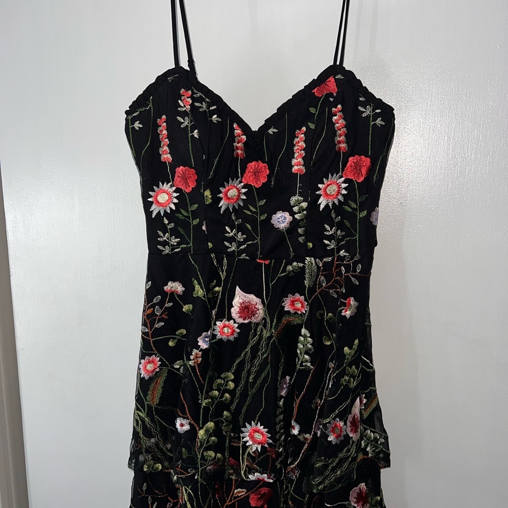 City Studio Black Mini Dress with Red and White Floral Design